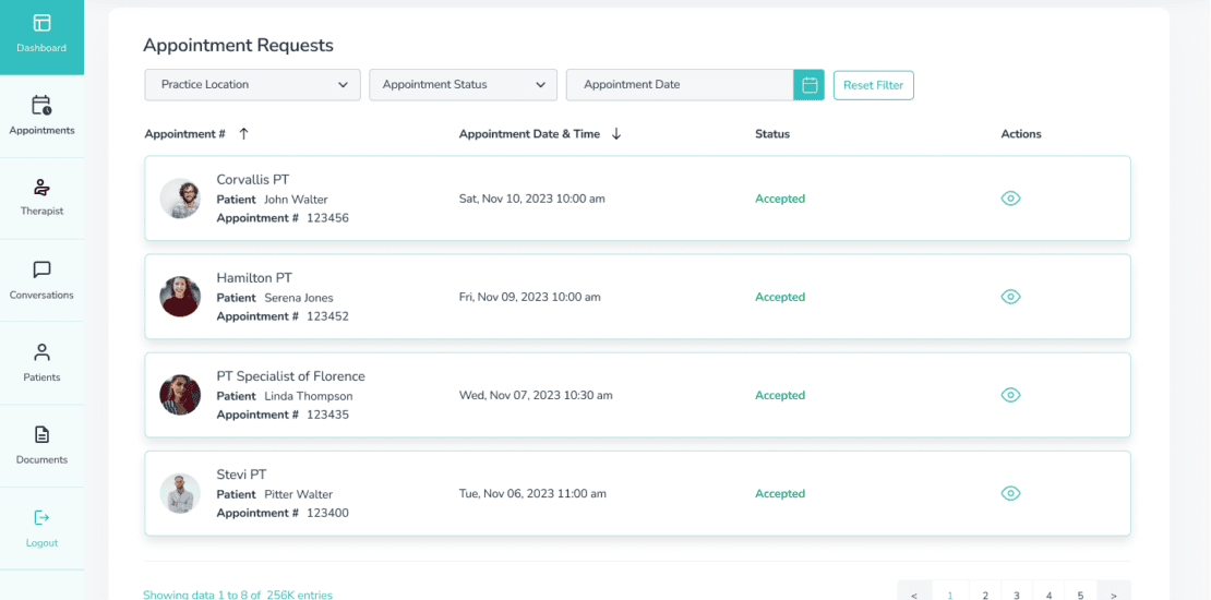 hamilton physical theraphy EHR dashboard